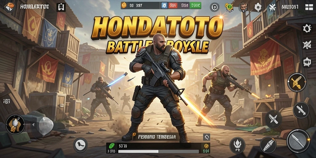 Screenshot utama HONDATOTO menunjukkan aksi seru dalam Battle Royale.