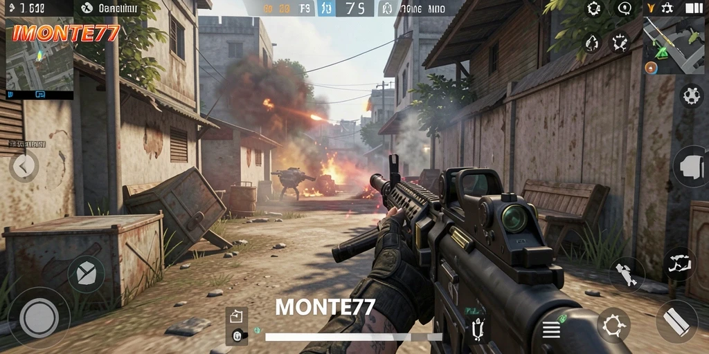 Tampilan seru dari gameplay <strong>MONTE77</strong> yang menampilkan aksi menembak intens.